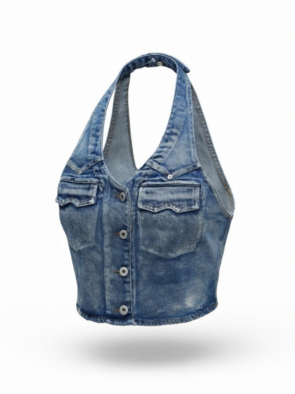Denim Halter Crop Top in Faded Blue